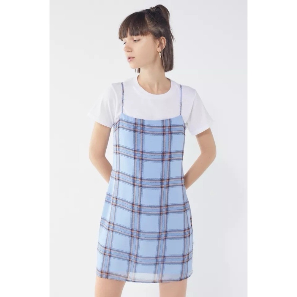 GUESS UO Exclusive Plaid Mini Slip Dress Blue XS